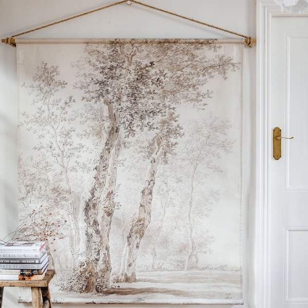 L Handmade organic canvas 'Trees' 19th century vintage neutral print on fabric - wall hanging - ready to hang - made to order