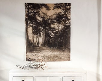 Handmade 100% LINEN 'The Woods' - nature woodlands neutral - vintage photograph - wall art - hanging - artwork for styling - made to order
