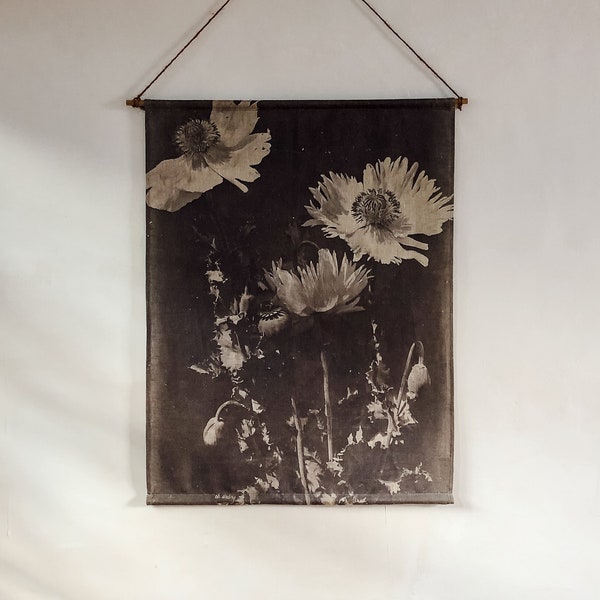 Handmade 100% LINEN - Blooms brown wall hanging - 19th century vintage French floral photograph print - ready to hang - 1 in stock
