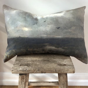 Handmade 100% LINEN 'Marshes' rectangular cushion vintage print 60x40cm in stock image 1