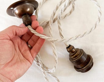 Antique Brass E27 Pendant Light Kit: Linen Twist Cable (2 Meter)