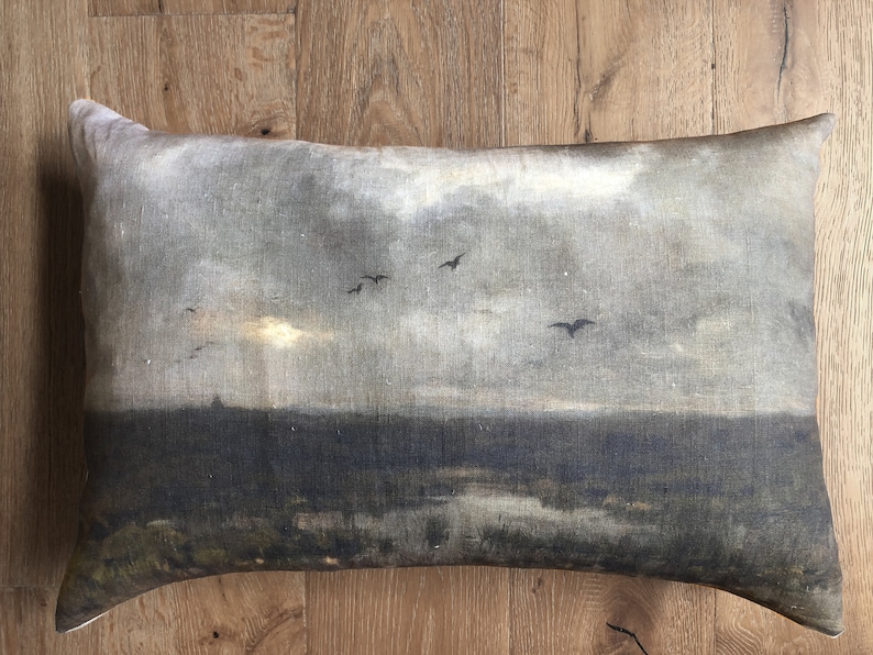Handmade 100% LINEN 'Marshes' rectangular cushion vintage print 60x40cm in stock image 3