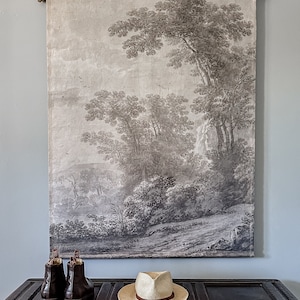 Handmade 100% LINEN 'Smokey grey' tree mountain landscape vintage artwork print - wall hanging - ready to hang - made to order