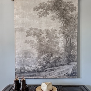 Handmade 100% LINEN &#39;Smokey grey&#39; tree mountain landscape vintage artwork print - wall hanging - ready to hang - made to order