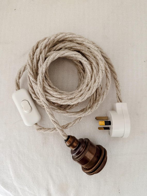 Antique Brass Pendant Light Cord Set, Linen Twist Cable, Inline Switch (Australia)