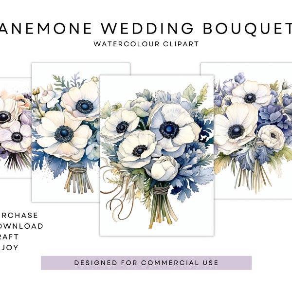 Anemone Wedding Bouquet Watercolor Clipart, 4 High Quality JPGs, Digital Planner, Junk Journaling, Commercial Use, Digital Download