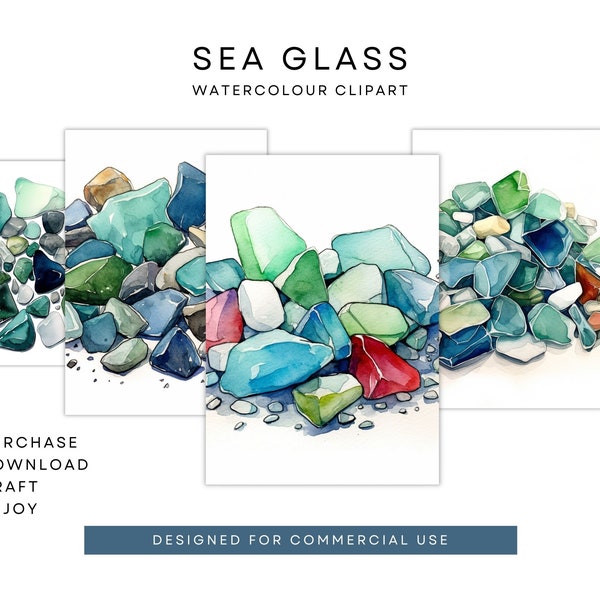 Sea glass clipart bundle, 4 pack watercolor clipart, beach wall art for commercial use