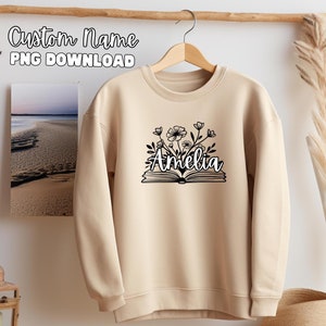 Customizable T-Shirt Design | Open Book with Flowers | Personalized Name | Digital PNG File