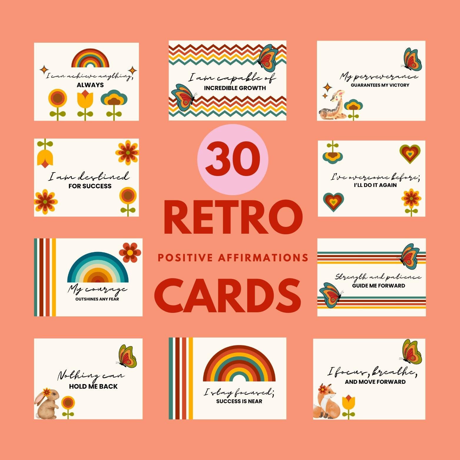 30 Retro Positive Affirmation Cards, PDF Download, Self-Care Gift, Affirmation cards, Anxiety Relief, Inspirational Cards, Printable Cards