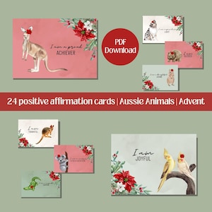 24 Tarjetas de Adviento con Afirmaciones Positivas / Tema Navideño con Animales Australianos / Descargar PDF