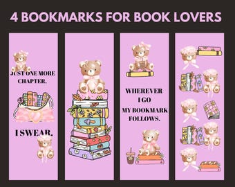 Just One More Chapter Bear Coquette Bookmarks | Vintage Bear 4-Pack | PDF PNG Instant Download