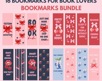 Pretty Bookmarks Bundle | Cherries and Bows Book Lovers | 16 Bookmarks for Bookaholics | Digital Download PDF & PNG Files