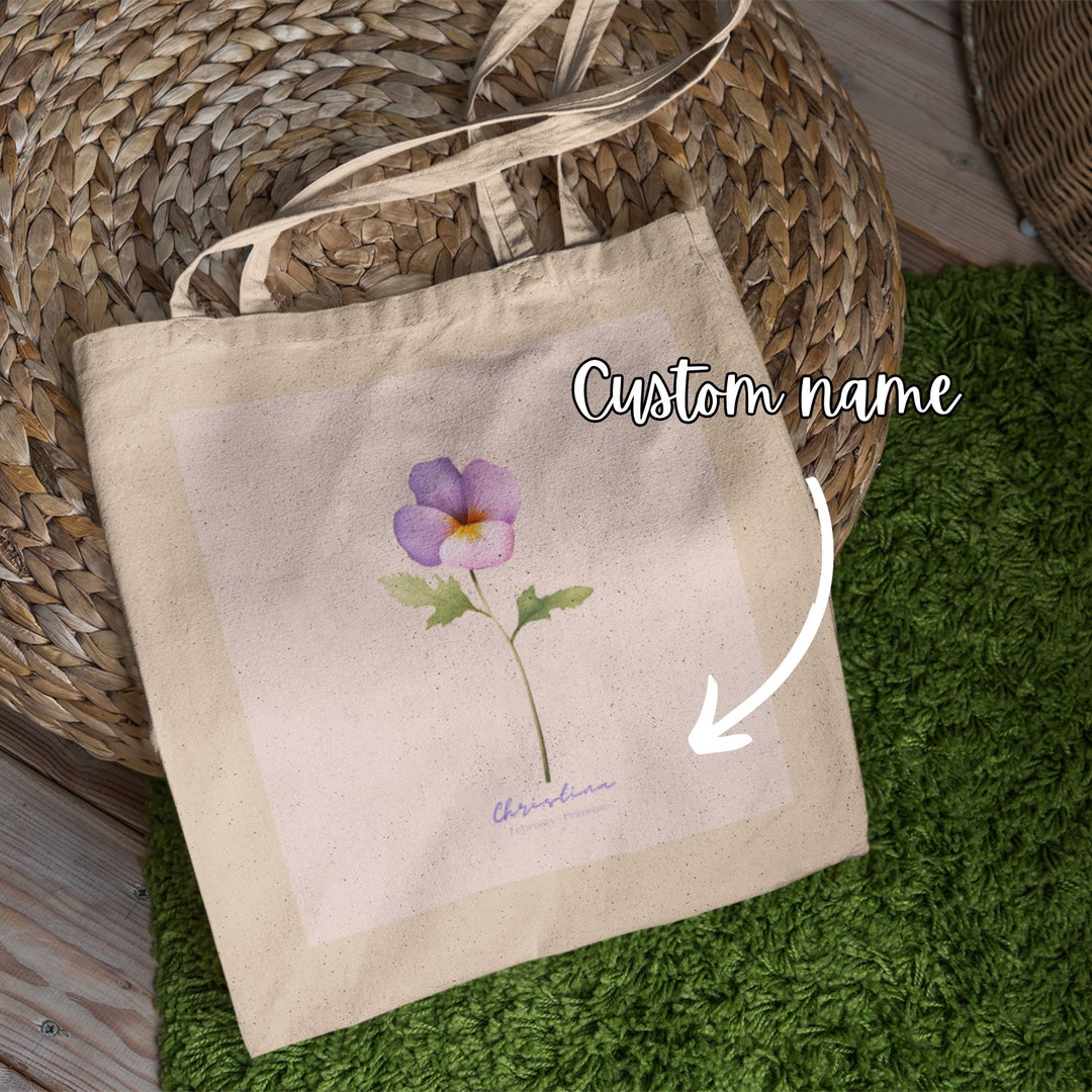 Personalized Birth Flower Cotton Canvas Tote Bag Custom Name Durable