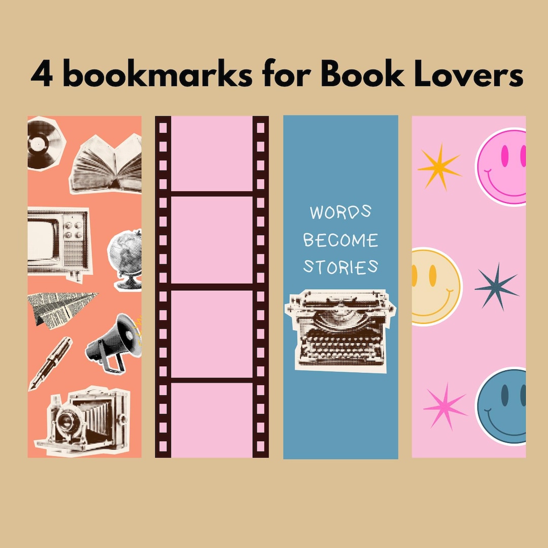 ヴィンテージブックマーク Retro Bookmark Set: 4 Unique Vintage Designs (PDF & PNG Digital