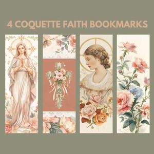 Puede incluir: Se muestran cuatro marcapáginas "Coquette Faith", cada uno con un diseño único. Los marcapáginas presentan ilustraciones de una mujer, una cruz con flores y arreglos florales. La paleta de colores incluye rosas suaves, cremas y verdes.