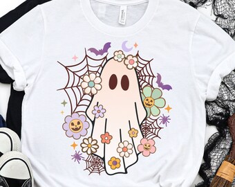 Floral Cute Ghost, Funny Halloween Tshirt, Retro Ghost Tshirt, Retro Halloween Tee, Plus Size Graphic Tshirt 2XL 3XL 4XL 5XL 6XL
