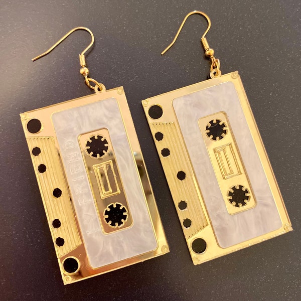 Gold Album Acrylic Cassette Tape Drop Earrings 80s 90s Theme Party Accessories, 80s earring, 80s Jewelry, 80s Woman Outfit