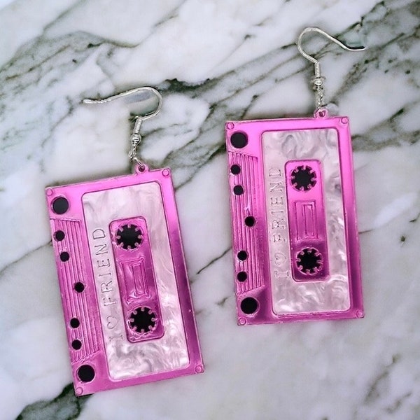 Hot Pink Acrylic Cassette Tape Drop Earrings 80s 90s Retro Style Party Accessories Mixtape Earrings