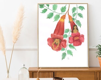 Arte de pared imprimible, arte de pared colorido, arte elegante, pintura de gouache, descarga instantánea, arte femenino, estampado de flores, pintura de gouache exuberante