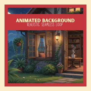 May include: An animated background featuring a cozy cottage exterior at night with a stone wall, open wooden windows, a hanging plant, and a garden. The text reads ANIMATED BACKGROUND REALISTIC SEAMLESS LOOP in white letters on a red banner.
