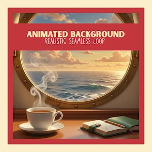Puede incluir: Un gráfico digital con una vista de ojo de buey hacia un océano tranquilo al atardecer. Una taza de café blanca con vapor y un libro abierto con un lápiz descansan sobre una repisa. El texto dice ANIMATED BACKGROUND REALISTIC SEAMLESS LOOP.