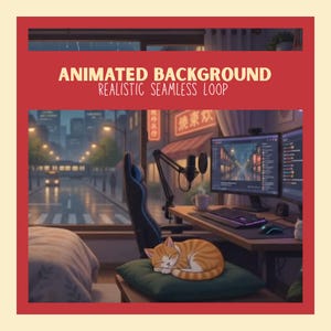 Puede incluir: Un fondo animado que muestra una configuración de juego con dos monitores, teclado, ratón y micrófono. Un gato atigrado naranja duerme sobre un cojín verde en primer plano. El texto dice ANIMATED BACKGROUND REALISTIC SEAMLESS LOOP.