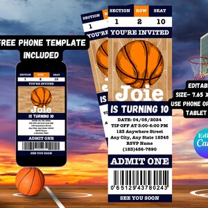 May include: Editable basketball-themed birthday party invitation template with a blue and orange color scheme. The template features a basketball, a basketball court, and the text "Joie is turning 10".