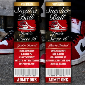 Könnte beinhalten: Eine rote und weiße Sneaker-Ticket-Einladung für einen Sneaker Ball. Die Einladung lautet "VIP Pass" und "Sneaker Ball" mit einem roten und weißen Sneaker-Motiv. Der Text lautet auch "Joie's Sweet 16" und "You're Invited". Das Datum ist 03/05/2024 und die Uhrzeit ist 18:00-22:00 Uhr. Der Ort ist 123 Anywhere St, Any City, Any State 12345. Die RSVP-Nummer ist 123.456.7890. Am unteren Rand des Tickets steht "1 2345 67890 1234 Admit One".