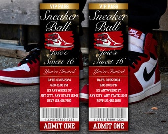 May include: Red and white sneaker ticket invitation for a Sneaker Ball. The invitation says "VIP Pass" and "Sneaker Ball" with a red and white sneaker graphic. The text also says "Joie's Sweet 16" and "You're Invited". The date is 03/05/2024 and the time is 6:00-10:00 PM. The location is 123 Anywhere St, Any City, Any State 12345. The RSVP number is 123.456.7890. The bottom of the ticket says "1 2345 67890 1234 Admit One".