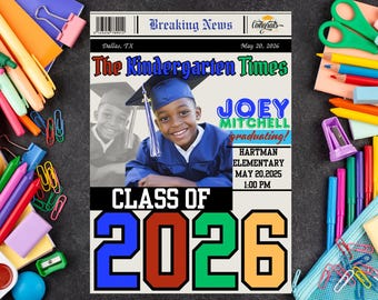 Kindergarten Graduation Announcement: Newspaper Style, Class of 2026 (Canva Template)