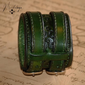 Unisex wide leather double buckle cuff, green color handmade leather cuff, leather wristband, adjustable bracelet,cuff band,gift,made in USA