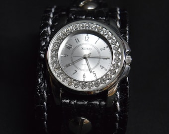 Women leather cuff watch,black color band,leather wrist watch, black color cuff, handmade cuff,leather bracelet,watch band,gift, made in USA