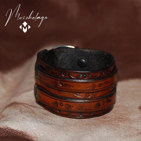Handmade Black Leather Cuff Wristband Bracelet, Adjustable Double Buckle, Men's Accessory