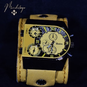 Unisex leather cuff watch,yellow watch band, American natural leather wrist watch, yellow cuff, handmade cuff, gift, watch band, made in USA
