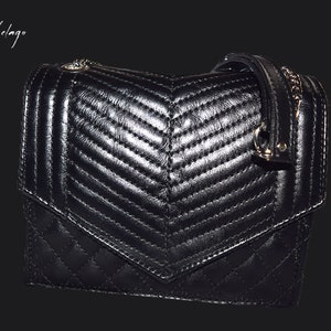 American Leather handbag, handmade bag, designer bag,black shoulder bag, quilted leather chain bag, elegant bag, gift for her, made in USA
