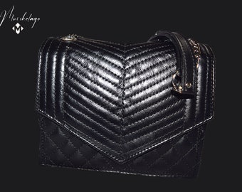 Bolso de cuero americano, bolso hecho a mano, bolso de diseñador, bolso de hombro negro, bolso de cadena de cuero acolchado, bolso elegante, regalo para ella, hecho en EE.UU.