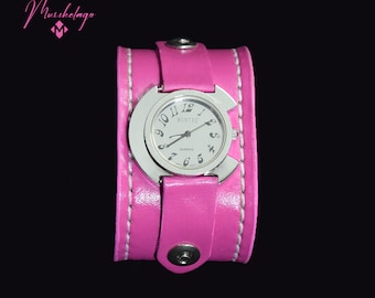 HUD Black Leather Cuff Watch with Pink Accents Black & Red Layered Wide Leather Cuff Watch with Eyelets  main image 4