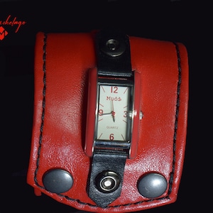 Women leather cuff watch,Red color band,leather wrist watch,black color cuff,handmade gray cuff,leather bracelet,watch band,gift,made in USA