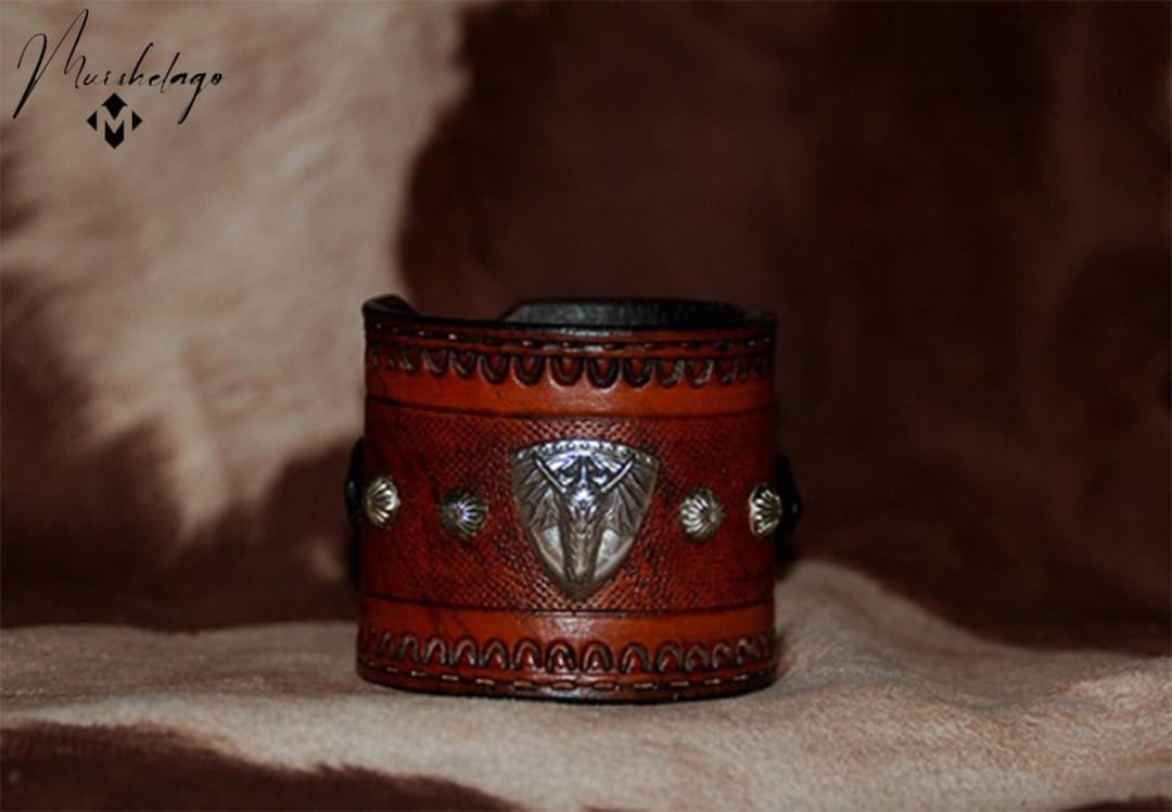 Unisex Embossed Leather Cuff,saddle Tan Leather Wristband,tooled Cuff