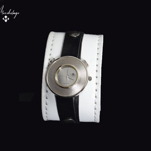 Women leather cuff watch,black color band,leather wrist watch, white color cuff, handmade cuff,leather bracelet,watch band,gift, made in USA