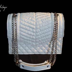 American Leather handbag, handmade bag, designer bag, white shoulder bag, quilted leather chain bag, elegant bag, gift for her, made in USA