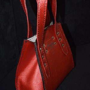 May include: A small red leather handbag with a top handle and gold accents. The bag has a black leather trim and the brand name "Murcielago" is embossed on the front.