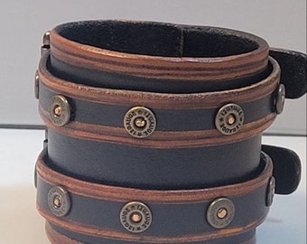 Unisex wide leather double buckle cuff,black & brown handmade cuff band,leather wristband, cuff bracelet,Johnny Depp style, gift,made in USA