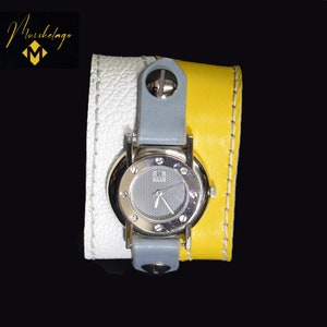 Women leather cuff watch,white color band,leather wrist watch,yellow colorcuff,handmade gray cuff,leatherbracelet,watch band,gift,madein USA