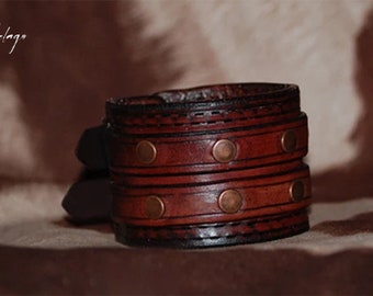 Unisex wide leather double buckle cuff, mahogany handmade leather cuff, leather wristband, adjustable bracelet, cuff band, gift, made in USA