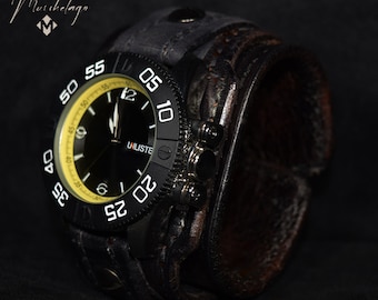 Men leather cuff watch,black watch band,leather wrist watch,antique black cuff,handmade cuff,leather bracelet, gift, watch band, made in USA