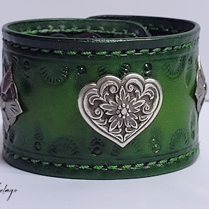Unisex embossed leather cuff,forest green leather wristband, tooled cuff bracelet, Rock guitar player gift, cuff, handmade cuff, made in USA