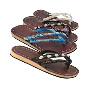 Lestarie Women&#39;s Leather Flip Flops, Shell Toe Separator Sandals, Toe Post Sandals with Genuine Leather, Toe Sandals Blue, Purple, Black, White
