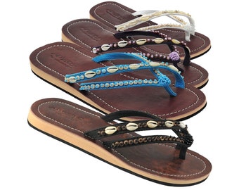 Lestarie Damen Leder Flip Flops, Muschel Zehentrenner Sandalen, Zehensteg Sandale mit Echtleder, Zehensandale Blau, Lila, Schwarz, Weiß