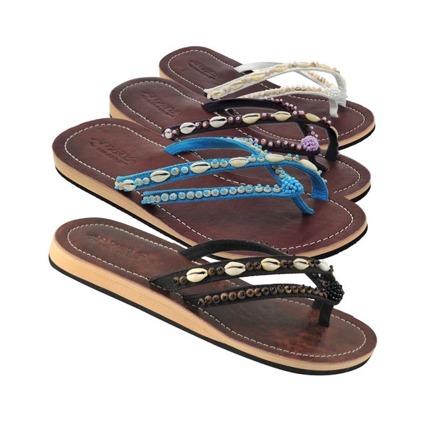 Lestarie Damen Leder Flip Flops, Muschel Zehentrenner Sandalen, Zehensteg Sandale mit Echtleder, Zehensandale Blau, Lila, Schwarz, Weiß